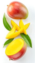 Two whole and sliced mangoes with leaves