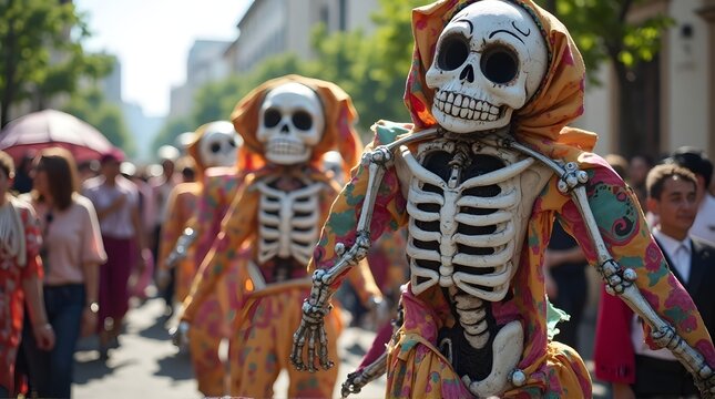 Colorful skeleton figures in a vibrant Dia de los Muertos parade on a sunny city street.