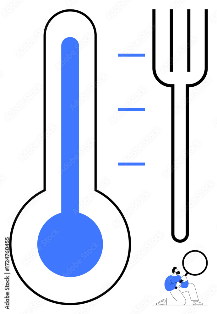 Poster thermometer with rising level indicating temperature, large fork shape beside it, person analyzing w