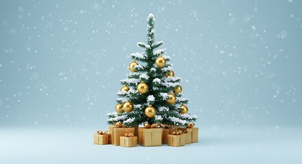 Christmas Tree with Golden Ornaments and Presents