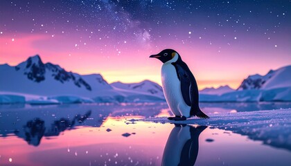 Obraz premium Penguin in snowy landscape at sunset