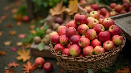 Freshly Picked Apples in Wicker Basket with Autumn Leaves and Wooden Crates