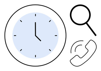 Clock combined with magnifying glass for focus and phone for communication. Ideal for productivity, time tracking, communication, task prioritization, business, planning, teamwork. Simple flat