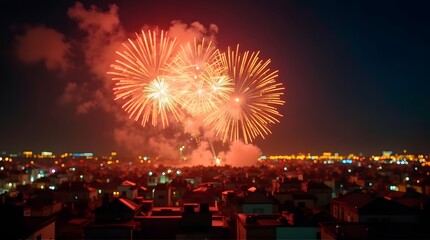 Vibrant Fireworks Display Over Night Cityscape