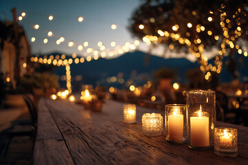 Romantic evening ambiance with warm candlelight and twinkling string lights creating a magical atmosphere for outdoor dining and celebrations