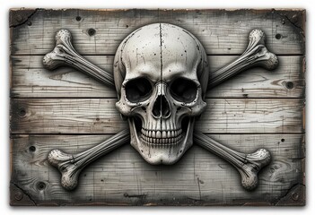 Distressed Wood Weathered Texture and Grunge Style Skull and Bones Halloween Banner   Authentic and Haunting Decor.