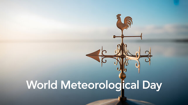 Weather vane with rooster against a calm lake and sky, commemorating World Meteorological Day