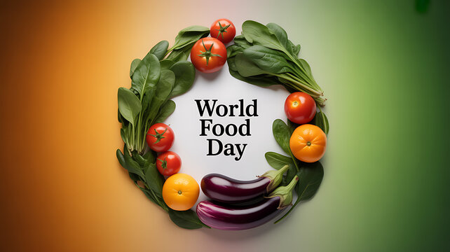 World Food Day celebration with fresh vegetables arranged in a circular wreath on a gradient background