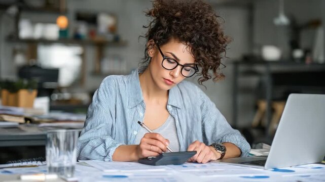 Concentrated Calculation: A focused woman meticulously calculates finances at a desk, illuminated by natural light, a testament to her dedication and analytical skills.