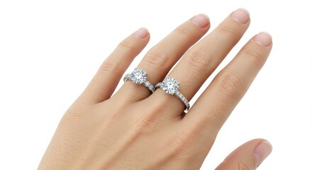 Two sparkling diamond rings showcased on a hand against a white background, highlighting the elegance and beauty of the jewelry.