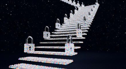 A staircase made of glittering particles with locks on each step against a dark background