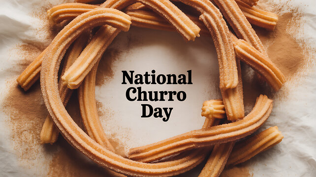 National Churro Day celebration with freshly made churros arranged in a circular pattern on a powdered sugar surface