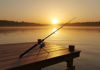 Fishing rod resting on a wooden dock at sunrise over a lake. Peaceful sunrise scene with fishing equipment on a dock.