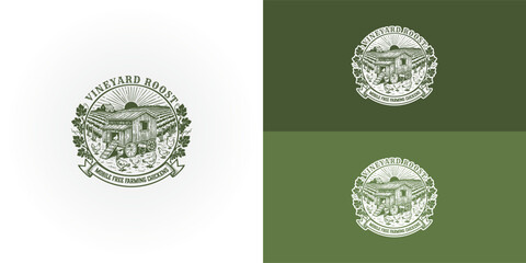 A circular, vintage-style logo for a mobile chicken farming business. It features a chicken coop on wheels in a vineyard, surrounded by free-range chickens. The name is framed by grapevines. © Miftakhul