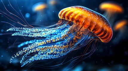 Bright orange jellyfish gliding gracefully through dark ocean waters at night, showcasing vibrant colors and long trailing tentacles