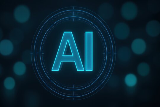 Large AI letters framed by precision hud rings with tick marks and subtle depth blur on dark cyan tech background
