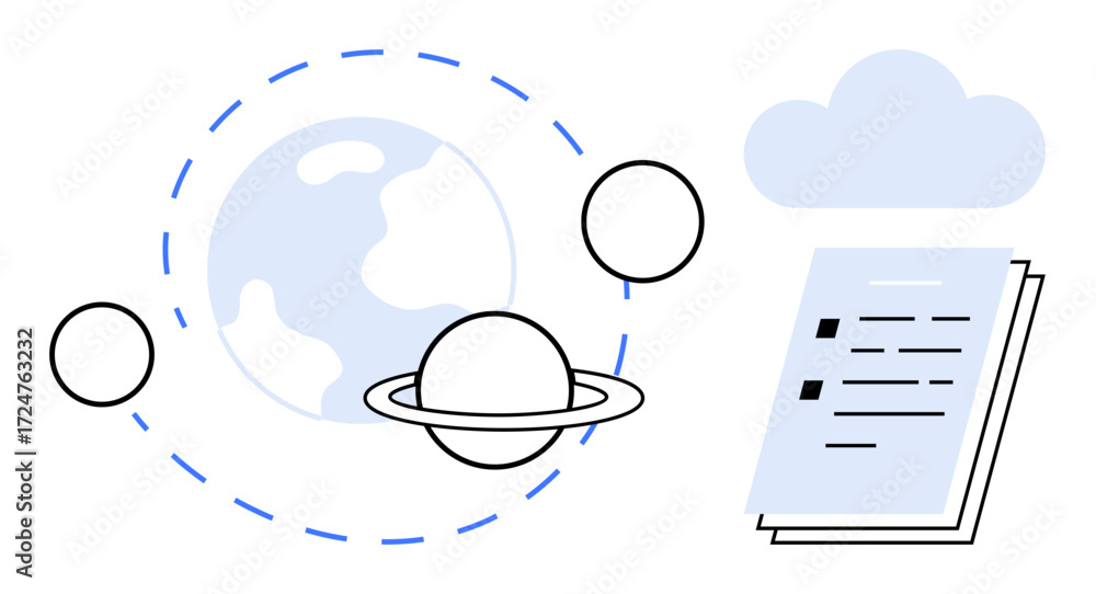 Poster planet with orbiting elements alongside a cloud and digital document. ideal for global connectivity,