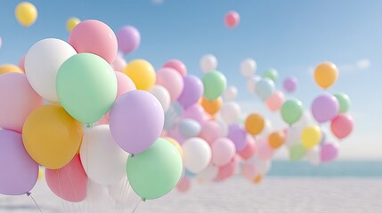 Pastel Balloons Floating in a Clear Sky Above Beach Serene Coastal Scene with Soft Light Colorful Festive Celebration Concept