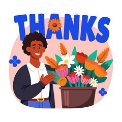 A flat style illustration showing a person holding thanks flower 