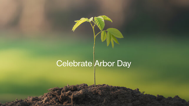 A young sapling growing from soil with a blurred green background, promoting Arbor Day celebration.