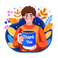 A flat style illustration showing a person holding tea cup 