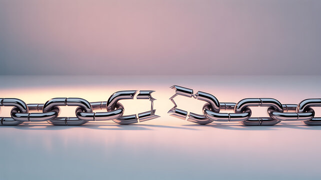 A metallic chain with a broken link, symbolizing separation or disruption, set against a soft gradient background.