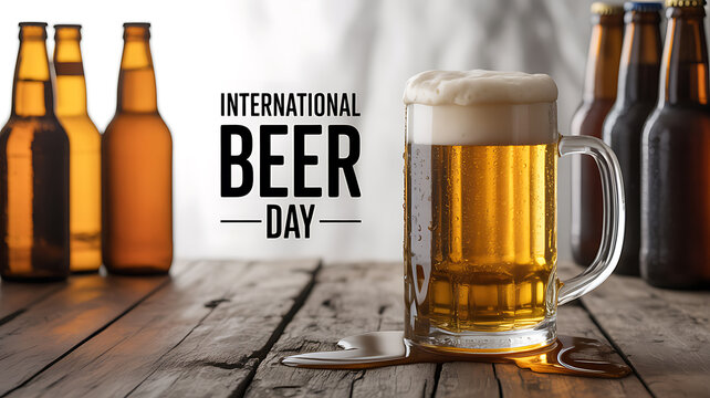 International Beer Day celebration with a frothy mug of beer and bottles on a wooden table