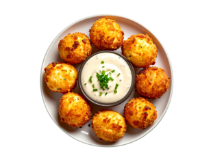 Round, golden-brown, crispy bites arranged on a plate, with a center dip