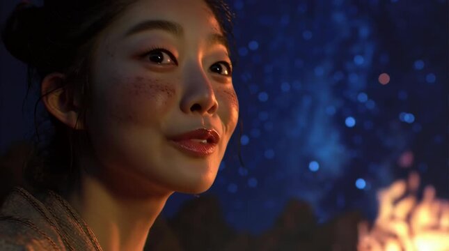 Beautiful Jomon woman, close-up smiling face, glamorous and cute expression, modern beauty style, illuminated by cinematic firelight, starry night sky clearly visible, ultra realistic, high detail, 