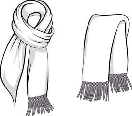 Cad drawing flat vector illustration, winter scarf fashion design template, clothing accessory sketch with tassel, folded and draped scarf style