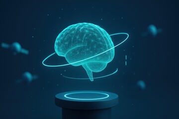 Neon holographic brain hovering over cylinder with orbit loop and particle sparks, satellites in background, futuristic teal artificial intelligence visualization
