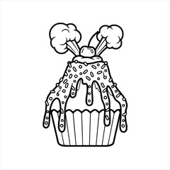 Simple coloring boock Vector art of delicious cupcake, adorned with sprinkles and a cherry on top, tempting treat