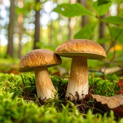 Two mushrooms in forest floor