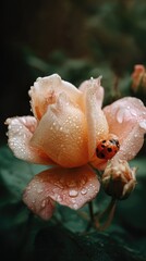 Rose with water drops and ladybug