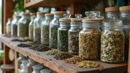 Jars of Spices and Herbs on Wooden Shelf