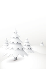 Minimalist cute winter landscape with pine trees covered by snow on white vertical background graphic illustration have blank space.