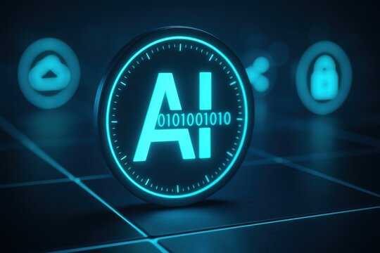 Glowing AI coin with binary digits on futuristic grid, cloud share and lock icons blurred in background for secure intelligent systems
 - Powered by Adobe