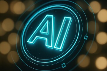Close-up neon AI circular badge with teal glow and tech rings against warm bokeh lights, futuristic interface branding detail
