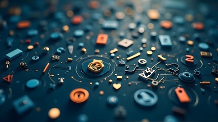 Abstract Array of Geometric Shapes and Symbols on Dark Blue Background