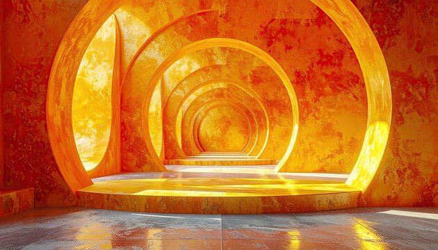 Sun-drenched, fiery orange corridor with concentric archways receding into a bright, warm light