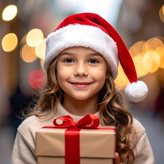 Child with Christmas hat and gift