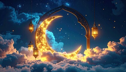 Naklejka premium Crescent moon in starry night sky