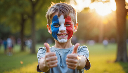 Happy boy with French flag face paint giving thumbs up in park