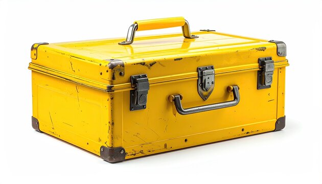 A vintage, yellow metal carrying case with a slightly worn, distressed finish, showing signs of age and use, featuring two latches and a carrying handle on the top and side - Powered by Adobe