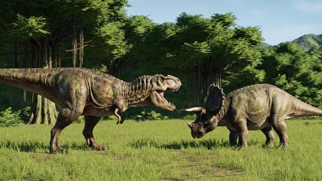 tyrannosaurus rex triceratops confrontation prehistoric jungle