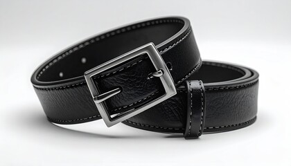 Two black leather belts with silver rectangular buckles, neatly folded, showcasing textured leather and contrasting stitching