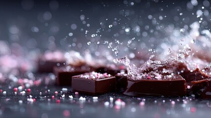 Delicious Chocolate Pieces with Sugar Sprinkles on Dark Background with Soft Lighting and Abstract Sugar Plash Creates Luxurious Ambiance Perfect for Food Photography