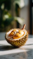 Durian fruit halved close up