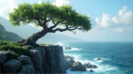 Ancient gnarled tree with lush green leaves growing on a dramatic coastal cliff.
