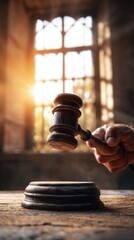 Wooden gavel on stand in old room